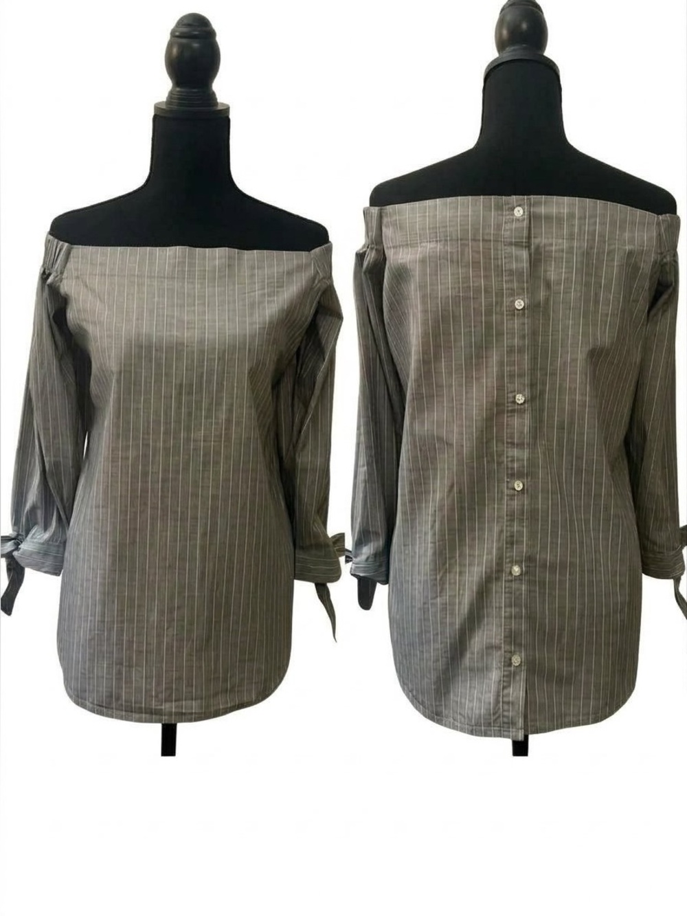 Banana Republic Gray Pinstripe Off-Shoulder Blouse with Button Up Back • Small